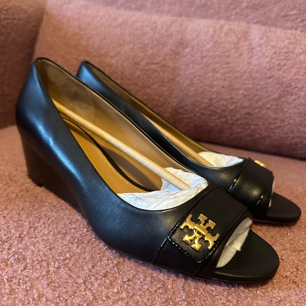 Tory Burch Black and Gold Wedge Peep-Toe Shoes